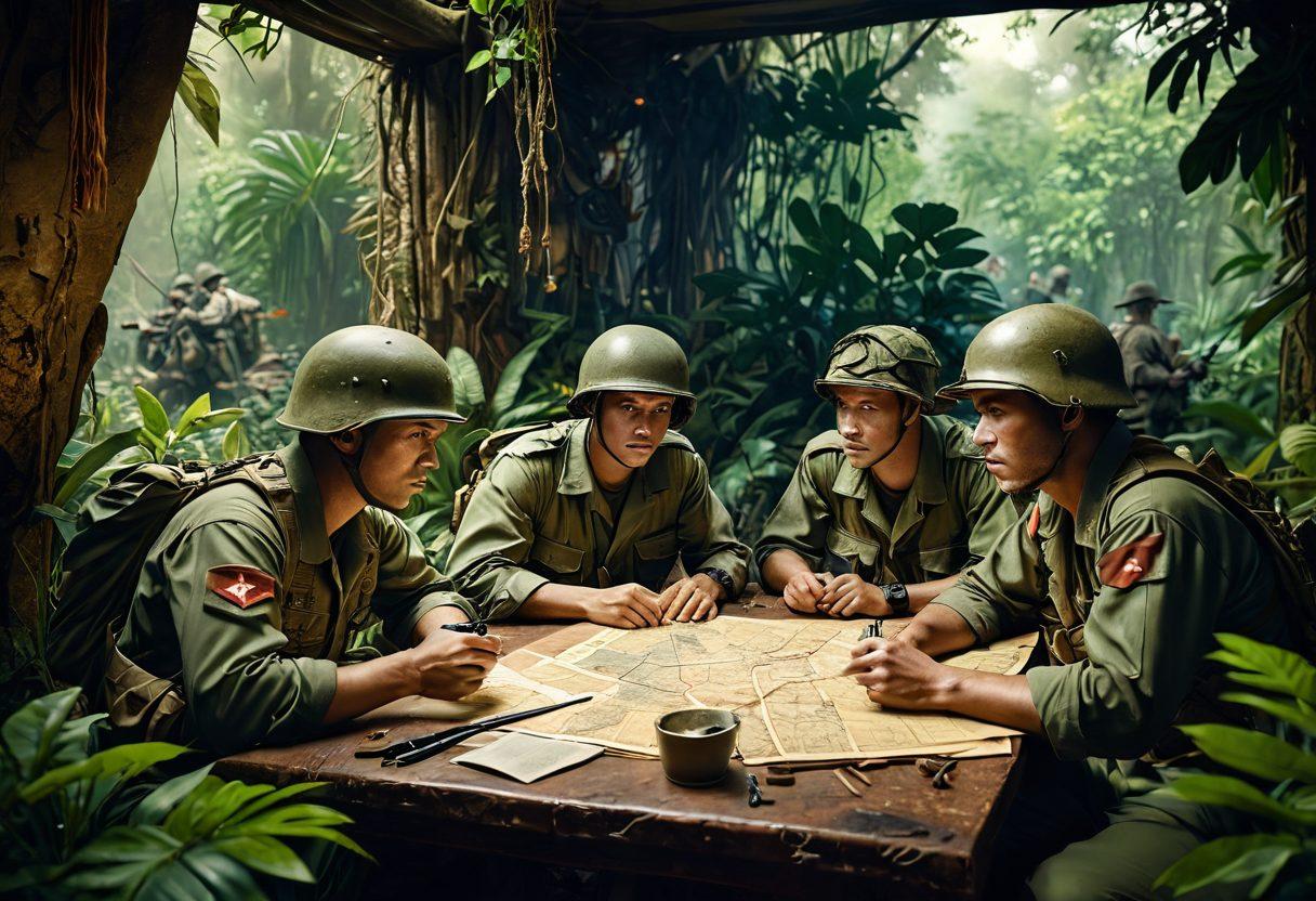 An intense scene depicting Vietnam War soldiers engaged in a strategic meeting inside a jungle outpost, maps and tactical gear strewn about, foliage framing the background, a sense of camaraderie and focus on the faces of the soldiers. Warm, earthy tones reflecting the jungle environment, with an overlay of battle plans and illustrations of key strategies. 3D. vibrant colors. super-realistic.