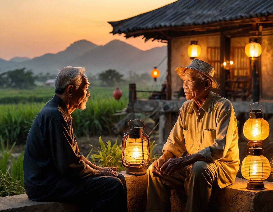 A poignant scene showcasing an elderly Vietnamese veteran sharing his stories with a captivated younger audience, set against a backdrop of historical Vietnamese landscapes and war artifacts. Incorporate elements of traditional Vietnamese culture such as lanterns and rice paddies, with a soft sunset illuminating the scene. The setting should evoke a sense of nostalgia and respect for history. super-realistic. warm colors. natural lighting.