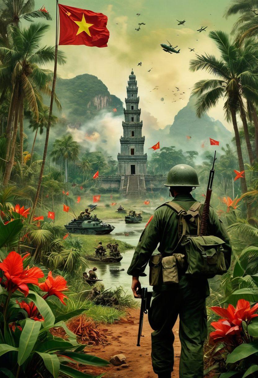 An intricate collage depicting the Vietnam War, featuring soldiers in action, lush tropical landscapes, and iconic historical monuments. Integrate powerful symbols of valor, such as medals and flags, while blending scenes of both warfare and peaceful moments. The color palette should evoke nostalgia with soft greens and earthy tones, contrasted by bursts of red. super-realistic. vintage style. vibrant colors.